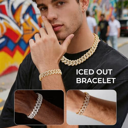 Mens Cuban Link Chain Iced Out Miami Cuban Necklace/Bracelet |14mm Silver & Gold Plated Chains | Bling Diamond Hip Hop Jewelry For Men Women - color: Yellow Gold, size: 8 inches