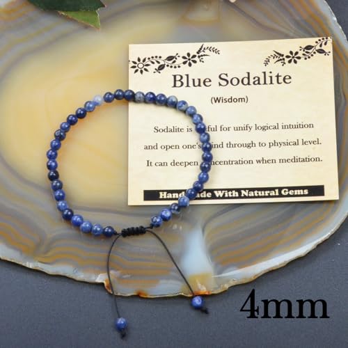 468Handmade Adjustable Natural Gemstone Crystal Bracelet Healing Power Energy Inspirational Gifts with Card for Unisex - color: 08-Blue Sodalite(Wisdom), size: 4mm