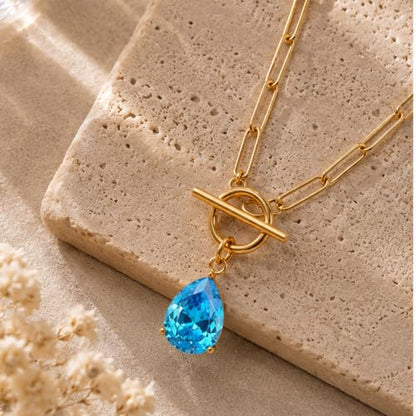Teardrop CZ Pendant Paperclip Chain Necklace 18K Plated Paperclip Toggle Necklace Jewelry Birthstone Gift for Women - color: Sapphire-September