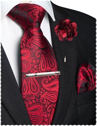 JEMYGINS Mens Paisley Tie and Lapel Pin Necktie Pocket Square and Tie Clip with Sets for Business Casual 4PCS - color: Red/Black