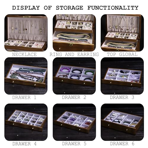Solid Wood Jewelry Box w/Lock, 9-Layer Large Storage Organizer | Wooden Jewelry Cabinet for Women, 100+Compartments Armoire, Velvet Lining Drawers, Wavy Curved Glossy Brown Rustic Gift - style: Rustic