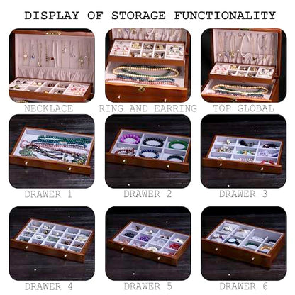Solid Wood Jewelry Box w/Lock, 9-Layer Large Storage Organizer | Wooden Jewelry Cabinet for Women, 100+Compartments Armoire, Velvet Lining Drawers, Wavy Curved Glossy Brown Rustic Gift - style: Rustic