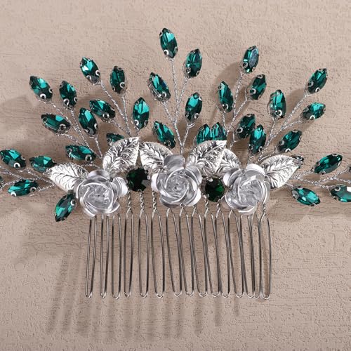 3D Silver Flower Hair Comb with Green Crystal for Wedding Brides Women Banquet Prom Hair Piece Handmade Side Headpiece (Green) - color: Green
