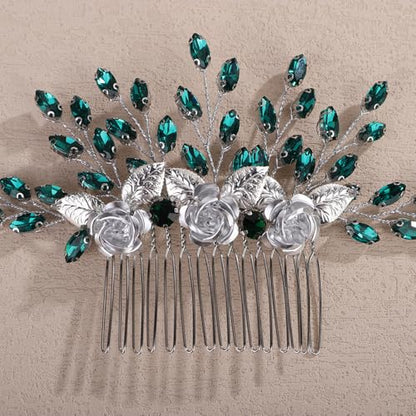 3D Silver Flower Hair Comb with Green Crystal for Wedding Brides Women Banquet Prom Hair Piece Handmade Side Headpiece (Green) - color: Green