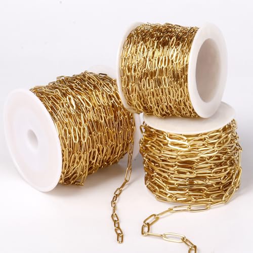 33FT Stainless Steel Paperclip Chains 3mm Gold Chain for Jewelry Making | 18K Gold PVD Plated Oval Link Chain Roll Bulk for Necklace Bracelet Crafts - color: 18k gold(3mm)