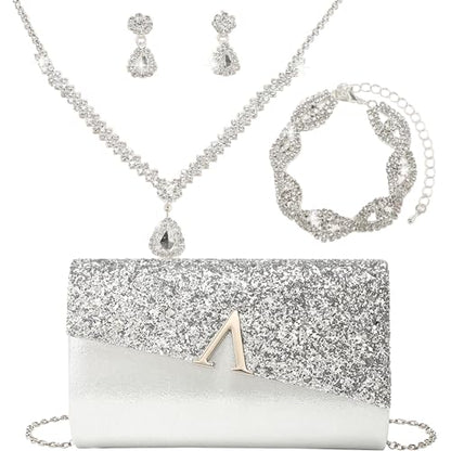 YYW 4 Pieces Women Evening Handbags Clutch Purse Bag with Rhinestone Crystal Jewelry Set for Wedding Party - color: silver 2