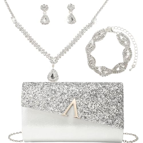 YYW 4 Pieces Women Evening Handbags Clutch Purse Bag with Rhinestone Crystal Jewelry Set for Wedding Party - color: silver 2
