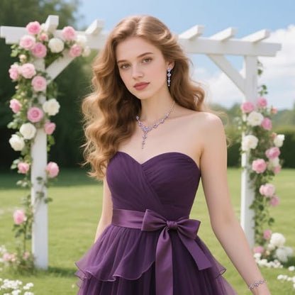 EVER FAITH Crystal Flower Wedding Prom Jewelry Set for Bride Bridesmaid | Rhinestone Costume Party Y-Shaped Necklace Dangle Earrings Bracelet, for Women - color: Light Purple Gold-Tone