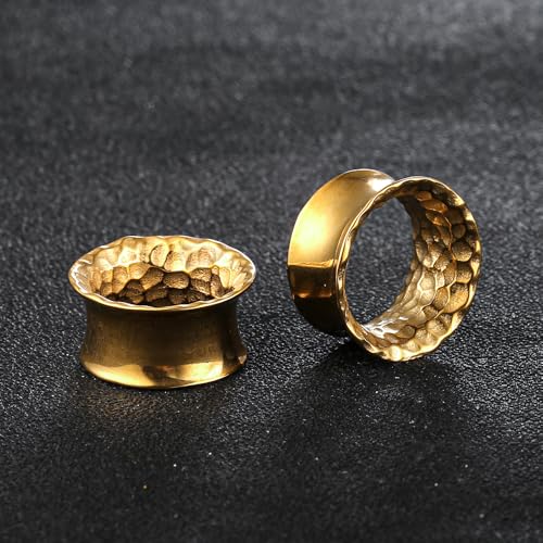 LADEMAYH 2PCS Hammered Ear Plugs Gauges for Ears, Punk Textured Tunnels | Industrial Style, Double Flared Expander, 316L Surgical Stainless Steel, Hypoallergenic, Saddle Fit, Ear Stretching Jewelry - color: #6598 Gold, size: 00g(10mm)