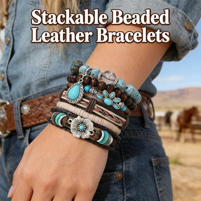 Western Outfits for Women Turquoise Western Bracelets Bohemian Vintage Stackable Beaded Leather Bracelets Adjustable Hand-woven Layered Bracelet Western Country Concert Jewelry for Women - style: Turquoise Flower