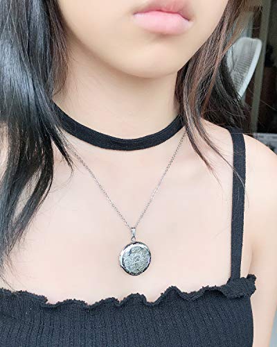 YOUFENG Round Locket Necklace that Holds Pictures Heart Circle Shape Lockets Gift for Jewelry - style: Round flower locket