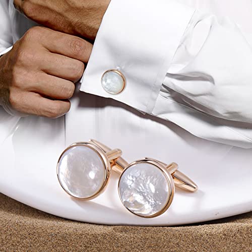 HAWSON Cufflinks and Tuxedo Studs Set for Men with Gift Box, Mother-of-Pearl Cuff links for French Cuff Shirt and Dress Shirt, Suitable for Wedding, Birthday, Party - style: Rose Gold & Beige
