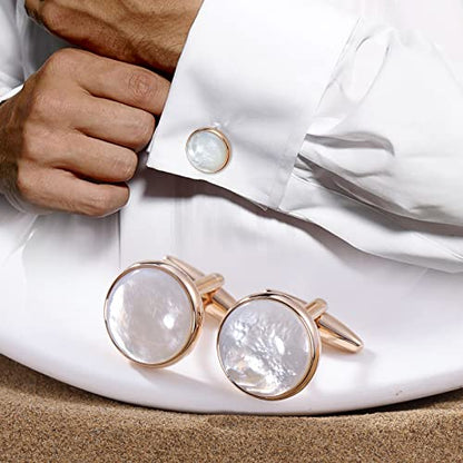 HAWSON Cufflinks and Tuxedo Studs Set for Men with Gift Box, Mother-of-Pearl Cuff links for French Cuff Shirt and Dress Shirt, Suitable for Wedding, Birthday, Party - style: Rose Gold & Beige