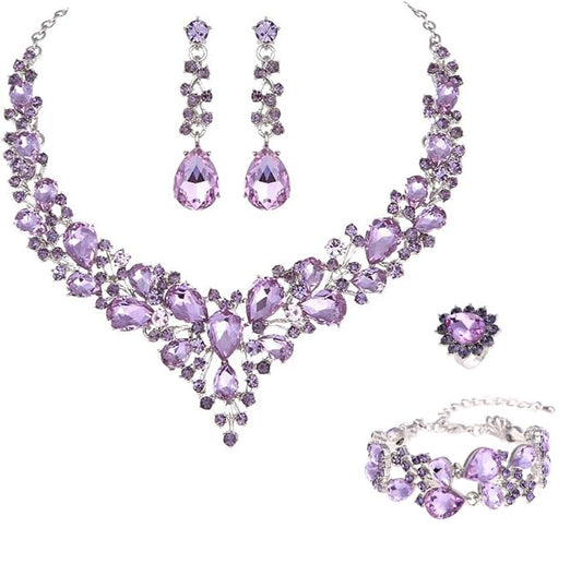 Molie Bridal Austrian Crystal Necklace and Earrings Jewelry Set Gifts fit with Wedding Dress - color: 4Pcs/Set-Light Purple