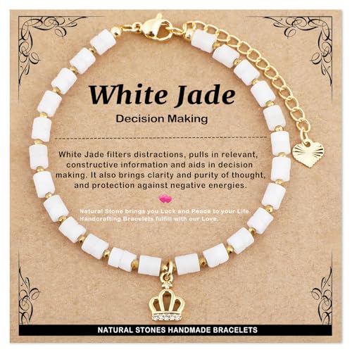 Natural Gemstone Healing Crystal Dainty Charms Bracelet Adjustable Chain Extender Minimalist Jewelry - color: White Jade + Crown