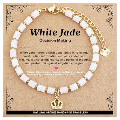 Natural Gemstone Healing Crystal Dainty Charms Bracelet Adjustable Chain Extender Minimalist Jewelry - color: White Jade + Crown