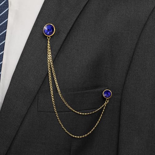 HAWSON Birthstone Brooch Pin for Men with Hanging Chain & Crystal, Mens Gold Tone Lapel Pin for Wedding/Birthday/Party Dress Suits Accessories - color: September Sapphire