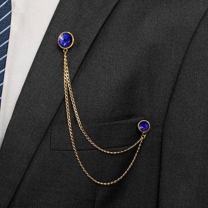 HAWSON Birthstone Brooch Pin for Men with Hanging Chain & Crystal, Mens Gold Tone Lapel Pin for Wedding/Birthday/Party Dress Suits Accessories - color: September Sapphire