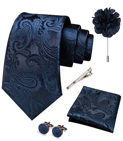 JEMYGINS Mens Paisley Tie and Pocket Square,Lapel Pin,Cufflinks,Tie Clip Sets with Gift Box 5PCS - color: Navy Blue