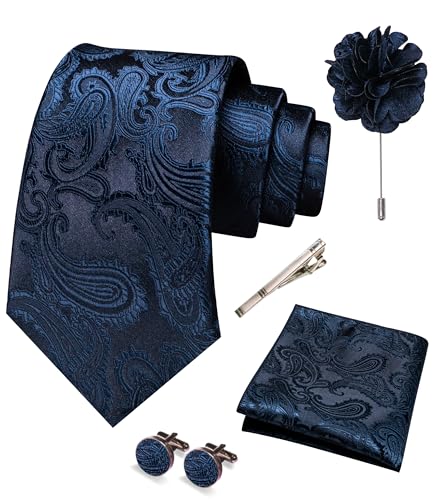 JEMYGINS Mens Paisley Tie and Pocket Square,Lapel Pin,Cufflinks,Tie Clip Sets with Gift Box 5PCS - color: Navy Blue