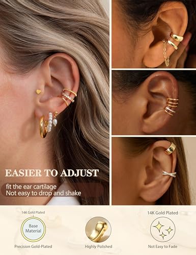 LOLIAS 12Pcs Ear Cuffs Non Piercing - 14K Gold Plated Ear Cuff Earrings for Women Adjustable Earring Cuffs for Non Pierced Ears Clip on Cartilage Earring Fake Earrings Set - color: 14K Gold Plated