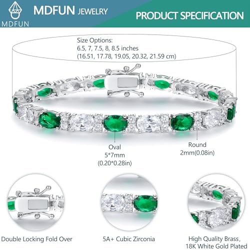 MDFUN 18K White/Yellow Gold Plated Green/Blue 5 * 7MM Oval 5A+ Cubic Zirconia Tennis Bracelet for Women Birthstone Jewelry Gift 6.5-8.5 inch - color: 18K White Gold -Green