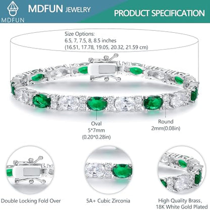 MDFUN 18K White/Yellow Gold Plated Green/Blue 5 * 7MM Oval 5A+ Cubic Zirconia Tennis Bracelet for Women Birthstone Jewelry Gift 6.5-8.5 inch - color: 18K White Gold -Green