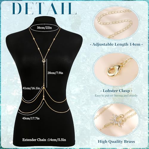 14K Gold Plated Body Chains for Women Sexy Layered Belly Waist Chains Crossover Bikini Bra Chain Adjustable Beads Chest Chain Summer Beach Rhinestone Beach Nightclub Body Jewelry - style: style C