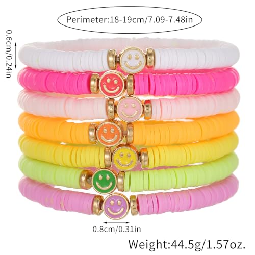 Friendship Bracelets for Women - Heishi Surfer Colorful Smile Evil Eye Clay Beaded Stretch Bracelets Elastic Layering - Stackable Boho Disc Y2K Aesthetic Summer Jewelry Set. - color: COLORFUL SMILE
