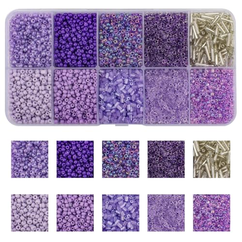 5000pcs Glass Seed Tube Bugle Beads for DIY Jewelry Making | 12/0 Waist Beads Kit, Lavender Embroidery Beads, 2mm Small Tiny Beads for Bracelets Necklaces Earrings, 10 Colors - color: Lavender