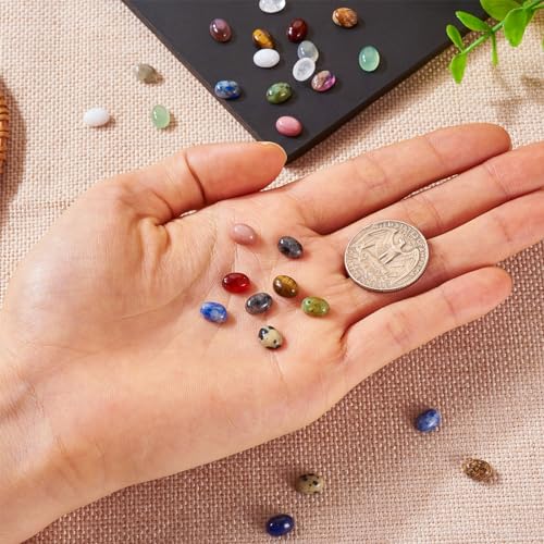 KISSITTY 28Pcs Gemstone Cabochons 14 Styles 6×8mm Round Oval Gemstones Cabochon Semi-Precious Natural Gems Crystal Stones Cabochons For Jewelry Making Bracelet Necklace Earring Pendant