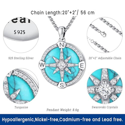 Compass Necklace for Women Men 925 Sterling Silver Pendant Urn Necklaces for Ashes Picture Locket Necklace Anchor Necklace Viking Necklace Crystals CZ Moonstone Abalone Shell Turquoise Compass Jewelry - color: Q-C-Compass Picture Locket, style: Locket