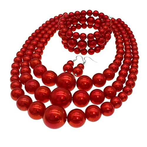 JNF Faux Pearl Statement Necklaces Big Beaded Necklace for Women Chunky Pearls Necklace and Earring Set Large beads Costume Necklace - color: Red pearl necklace set