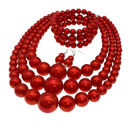 JNF Faux Pearl Statement Necklaces Big Beaded Necklace for Women Chunky Pearls Necklace and Earring Set Large beads Costume Necklace - color: Red pearl necklace set