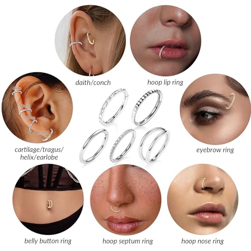 FUNLMO 3Pcs Nose Rings Double Hoop Nose Ring Conch Daith Tragus Helix Rook Piercing Jewelry Surgical Steel Cartilage Earring Conch Hoop Earring Septum Jewelry Lip Ring - color: Style 3: SilverSilver,5pcs