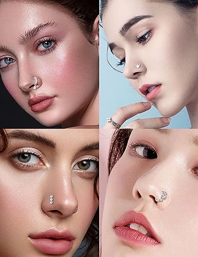 Akeoqi 18Pcs Nose Rings Hoops L Shape Nose Studs Screw Bone CZ Butterfly Flower Cross Leaf Star Crown Heart Nose Nostril Piercings Jewelry Set For Women Men Gold Silver Tone 20G - color: B1:Silver-18PCS