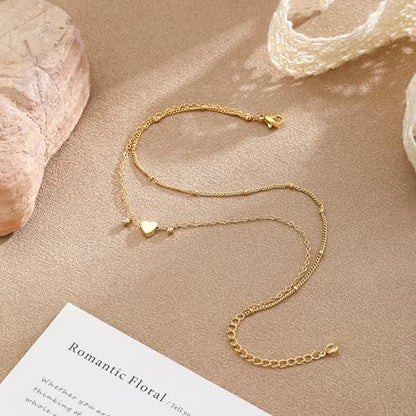 Ankle Bracelets for Women 14K Gold/Silver Plated Cross Heart Bead Anklet Waterproof Adjustable Chain Non Tarnish Cute Boho Trendy Dainty Summer Beach Foot Jewelry Gift for Her - style: 2 Layered Bead&Heart-GD