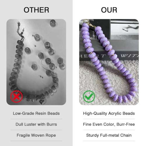 Colorful Chunky Acrylic Beaded Choker Necklaces for Women | Multicolor Faceted Beads, Sturdy Metal Chain, Adjustable Detachable, Lightweight, Summer Boho, Sparkly Statement Jewelry Gift - color: Light Purple