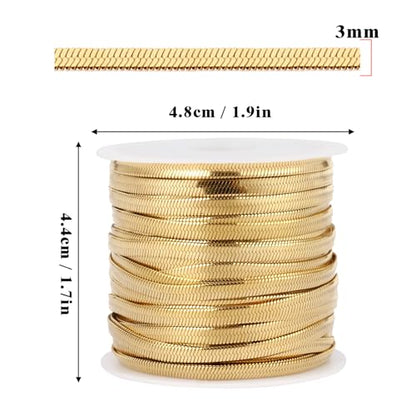 33FT 3mm Stainless Steel Gold Snake Chains Roll Bulk for Jewelry Making | 18K Gold PVD Plated 304 Stainless Steel Flat Snake Chains Roll Spool for DIY Craft - color: 3.0mm Gold Flat Snake Chains