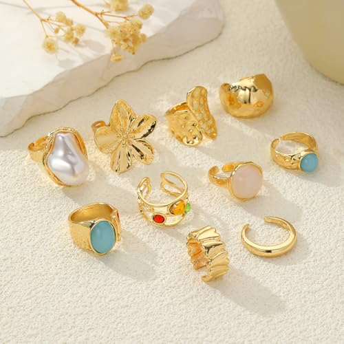 Chunky Gold Rings for Women Non Tarnish, Baroque Pearl Flower Tiger's Eye Stone Rings Adjustable Stacking Statement Rings Set Fashion Jewelry Gifts - style: Chunky Flower