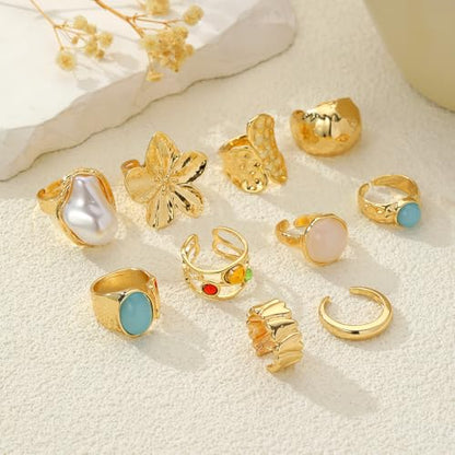 Chunky Gold Rings for Women Non Tarnish, Baroque Pearl Flower Tiger's Eye Stone Rings Adjustable Stacking Statement Rings Set Fashion Jewelry Gifts