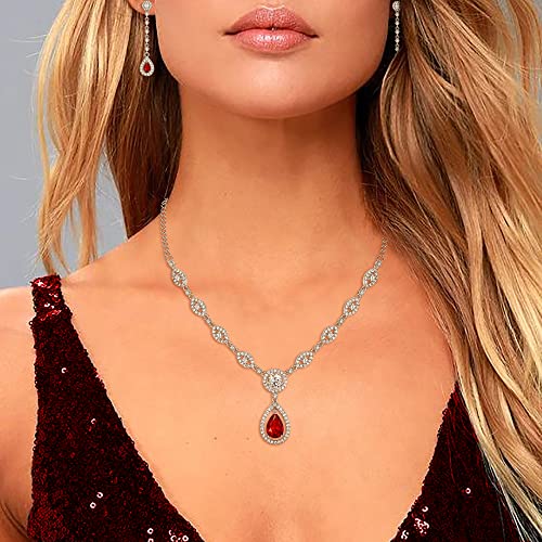 EVER FAITH Bridal Jewelry Set for Women, Stunning Teardrop Cubic Zirconia Birthstone Necklace Bracelet Earrings Sets Gift for Mothers Day/Valentines/Birthday/Christmas - color: Red