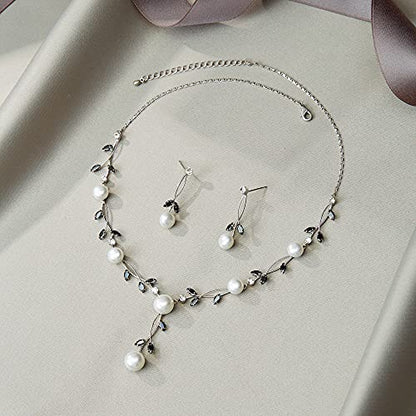 EVER FAITH Cubic Zirconia Pearl Leaf Vine Wedding Jewelry Set for Bride | Crystal Filigree Bridal Necklace Earrings, for Women Bridesmaid - color: 2pcs_Black Silver-Plated-Brass