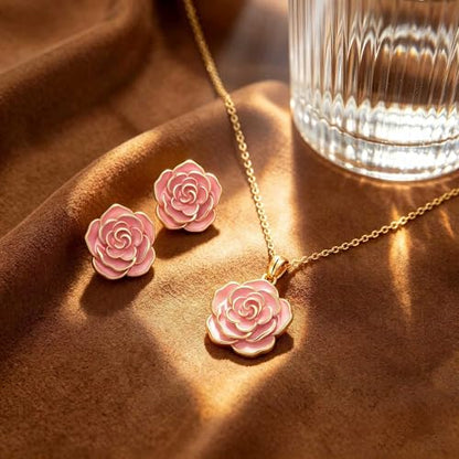 Enamel Rose Necklace and Earrings Jewelry Set for Women | 14K Gold Plated,Rose Represent: Love Gratitude Prid,Adjustable Chain Fit,Elegant Sets for Daily and Party Wear,Gift Box - color: Pink