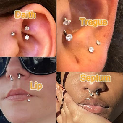 Longita 20g Nose Rings Hoop L Shape Nose Studs Stainless Steel Nose Screw Bone Flat Top Diamond Opal Heart High Nostril Piercing Jewelry Silver Rose Gold Black Pack for Women Men - color: C2- Horseshoe Ring 18g 8mm- silver 3pcs
