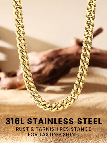 Bestyle Thick Stainless Steel Mens Cuban Link Chain, Black/Gold Chain for Men, No Tarnish & Durable Men Chain Necklace, 5/7/9/12mm Wide, 18"-30" Long, Gift Package - style: b. 7mm-Gold