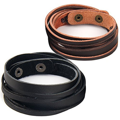 Handmade Genuine Vintage Leather Wrist Cuff Wrap Bracelet Adjustable - style: C: 2 Pcs set (Brown and Black)