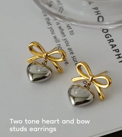 18K Gold Plated & Silver Chunky Heart & Bow Earrings for Women, Chunky Heart Dangle Hoops/Tiny Studs, Kawaii Dainty Hypoallergenic Jewelry for Multiple Piercings, Gift for Her - style: Bow and Heart