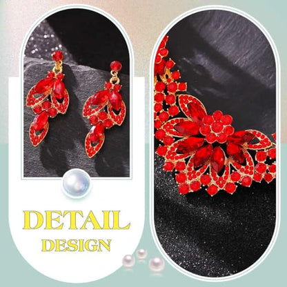 Yonamix Gold Jewelry Set Wedding Rhinestone Necklace Sets for Women | Formal Prom Dinner Party Gala Night Crystal Flower Necklaces Earrings - color: D Red