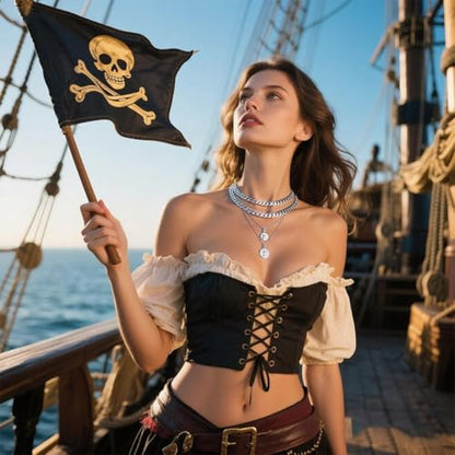 Todenb Layered Gold Pirate Necklace for Women Chunky Chain Pirate Jewelry 80s 90s Coin Pendant Necklace Pirate Costume Accessories - color: Two cir s